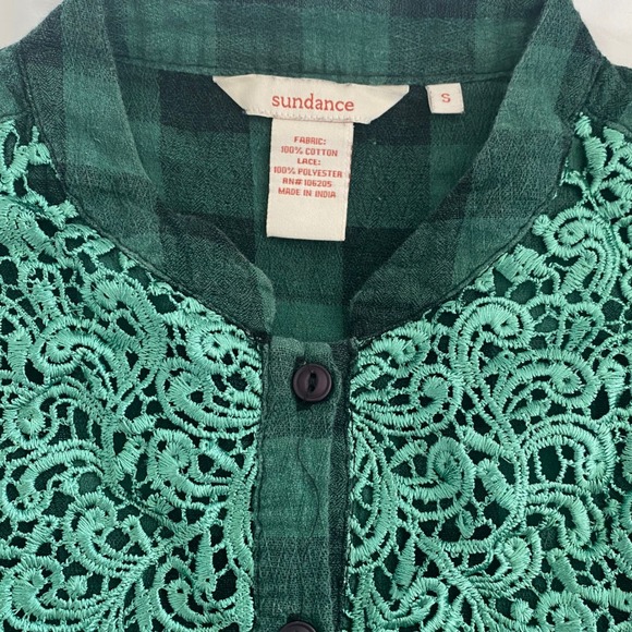Sundance Green Plaid Flannel Shirt Lace Inset Button Down Womens Small Christmas - Picture 3 of 5